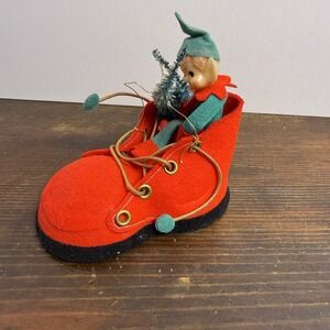 Vintage Japan Elf In Red Felt Boot Christmas Figurine Small Plastic Holiday